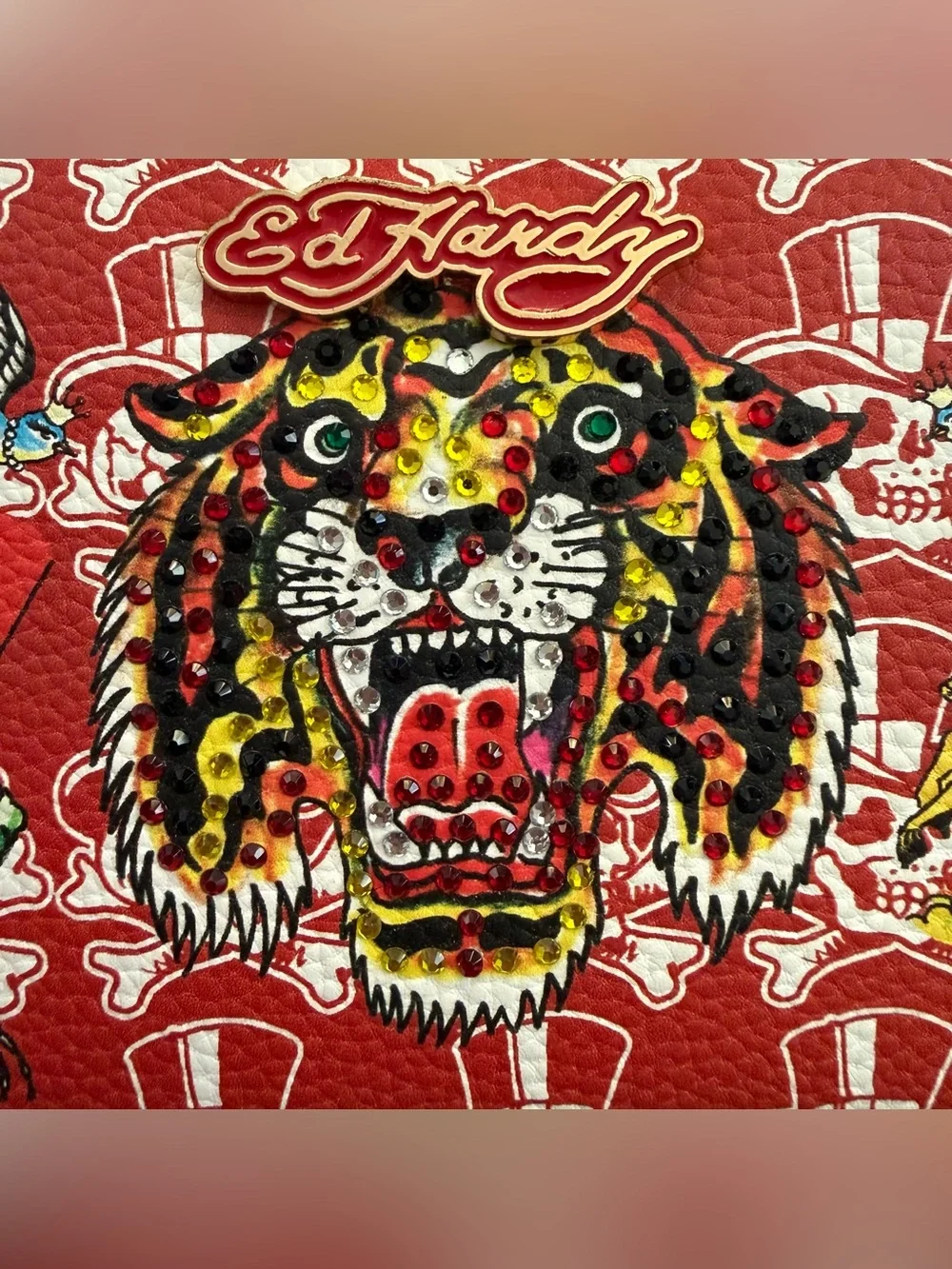 Ed Hardy VEGAN LEATHER Tiger Skull Rhinestones Zip-Around Wallet Wristlet NWT